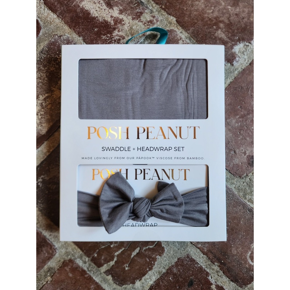 Posh Peanut Gray Set Swaddle Blanket with Headband Bow NEW